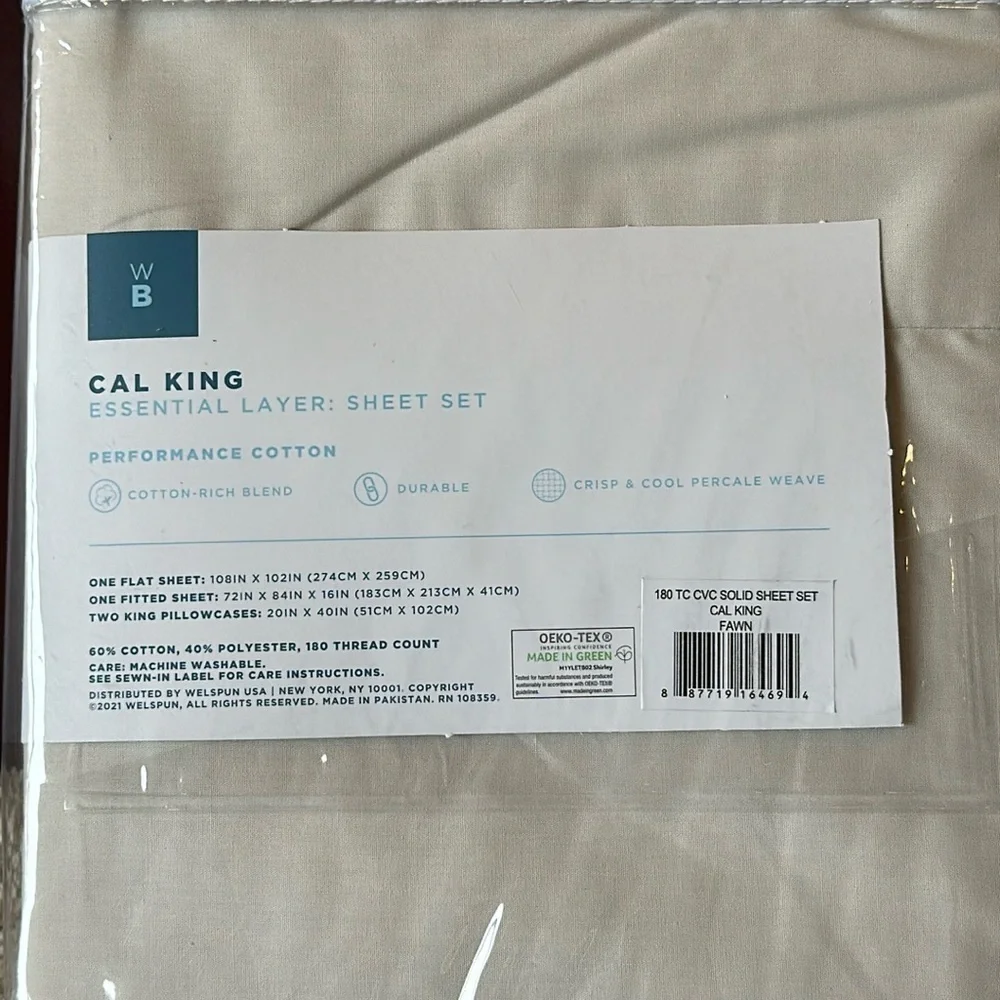 WB WESPUN BASIC BY WELSPUN 100% COTTON California King Sheet Set Linen